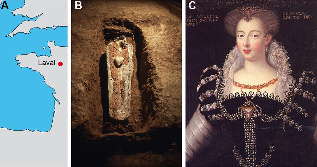 L to R: location of Laval, view of d'Alègre's lead coffin and a portrait of d'Alègre