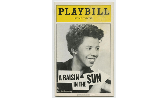 Playbill for "A Raisin in the Sun" with a black and white photo of playwright Lorraine Hansberry