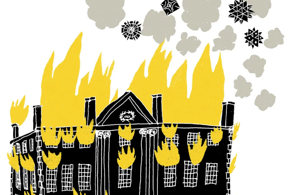 an illustration of a patent building on fire