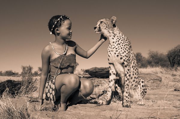 A Young San Girl Petting a Cheetah thumbnail