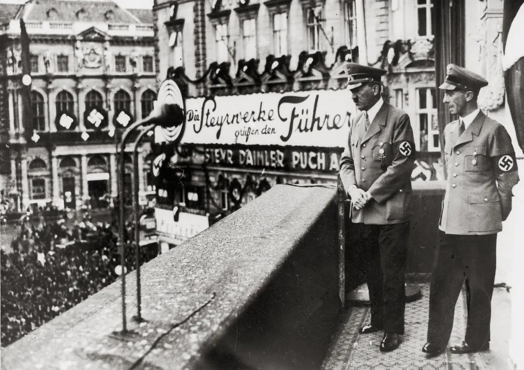 Adolf Hitler and his minister of propaganda, Josef Goebbels, on the balcony of the Hotel Imperial in Vienna in January 1938