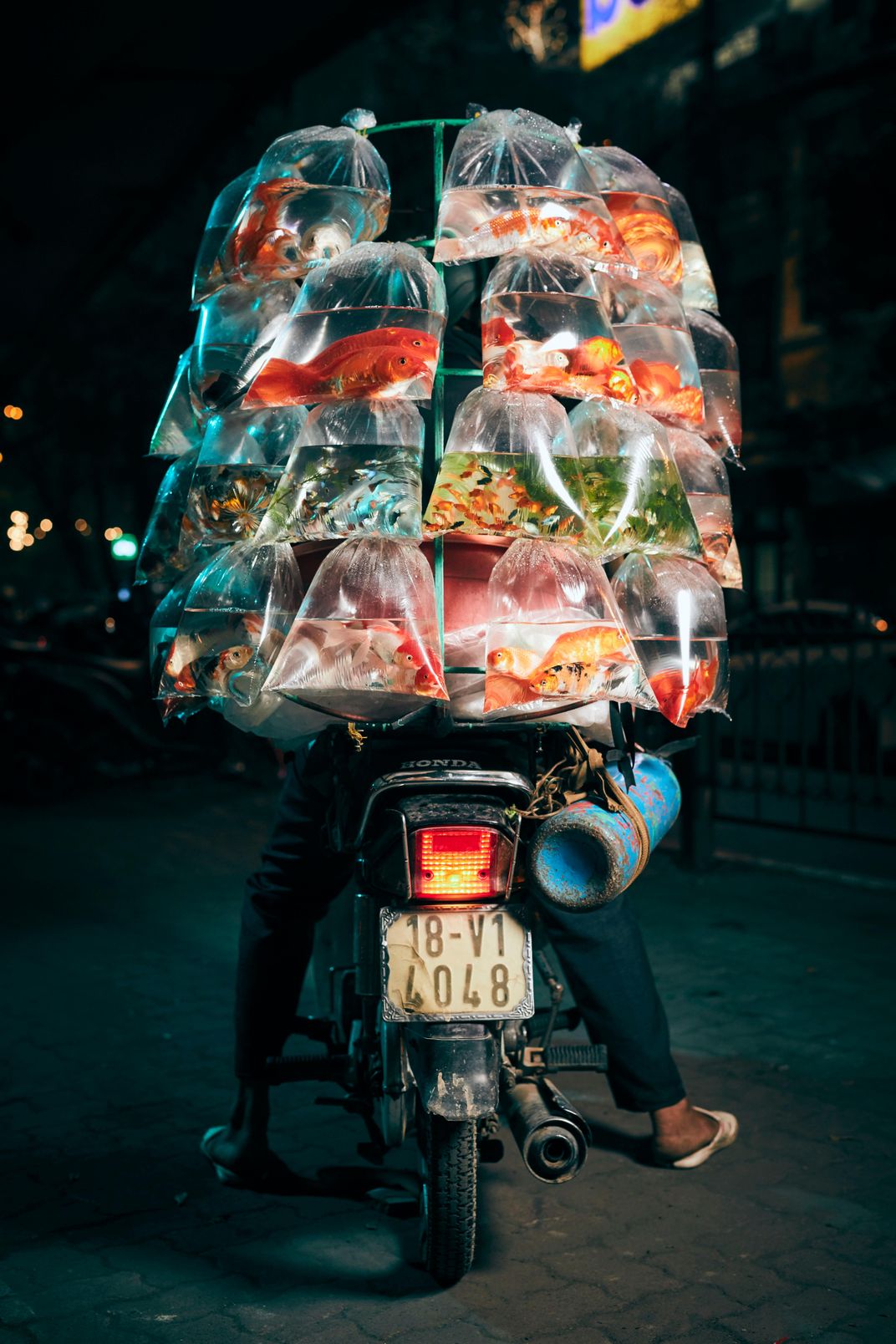 A motorbike delivery driver with bags of fish for sale