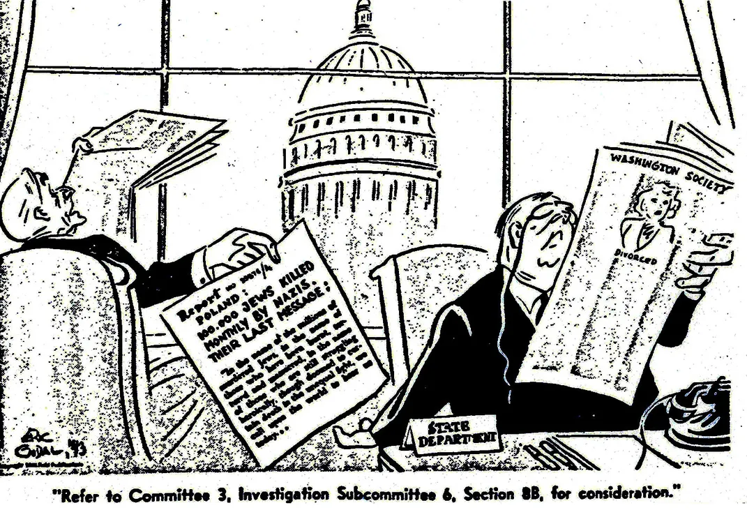 October 1943 cartoon by Eric Godal showing U.S. State Department officials ignoring reports of anti-Jewish atrocities by the Nazis