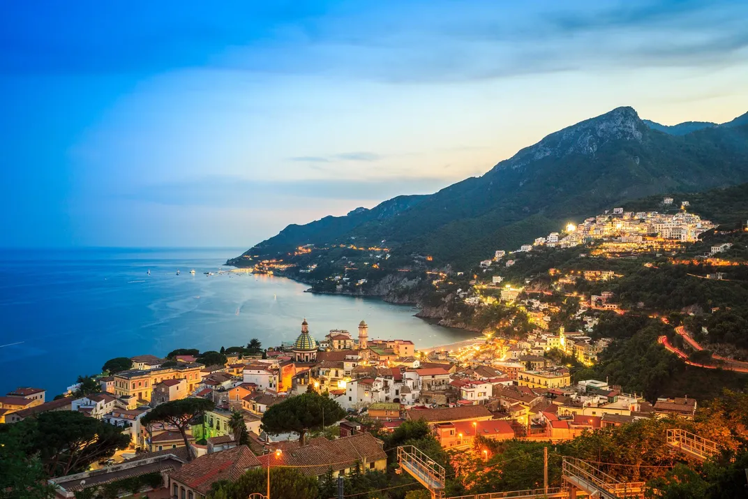 Vietri sul Mare on the hillside, Salerno in foreground