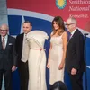 NMAH director John Gray, designer Hervé Pierre, First Lady Melania Trump and Smithsonian secretary David Skorton pose with the silk crepe gown.