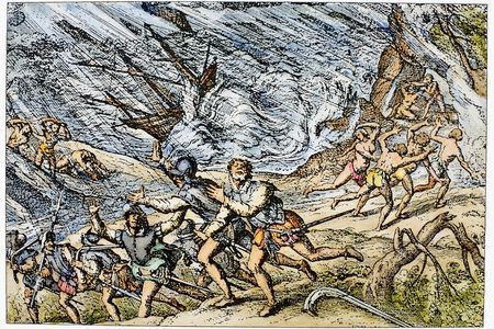 A hurricane in the West Indies. Line engraving, late 16th century.