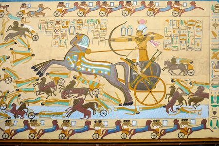 A reconstruction of a painted fresco depicting the Battle of Kadesh between the Egyptian Empire and the Hittite Empire.