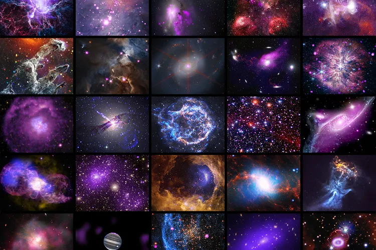 a grid of images of space taken with the Chandra X-Ray Observatory