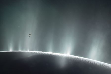 Illustration of the water plumes coming off of Enceledus