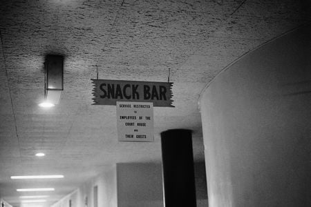 Sign outside white lunch counter in county courthouse building Montgomery, Alabama, in 1960.