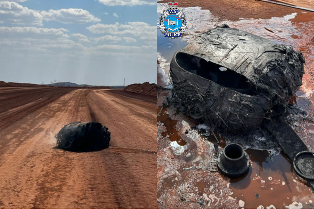 two shots of a large hunk of dark metal along a dirt road