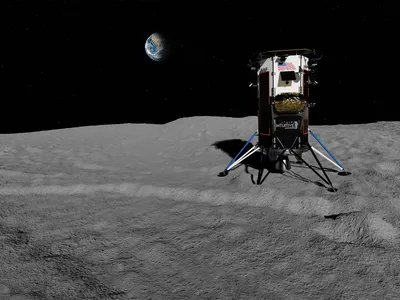 An artist’s rendering shows Intuitive Machines’ Nova-C lander already on the moon. But the 2,240-pound spacecraft isn’t scheduled to arrive until next year, when it will be launched by a SpaceX Falcon 9 rocket.
