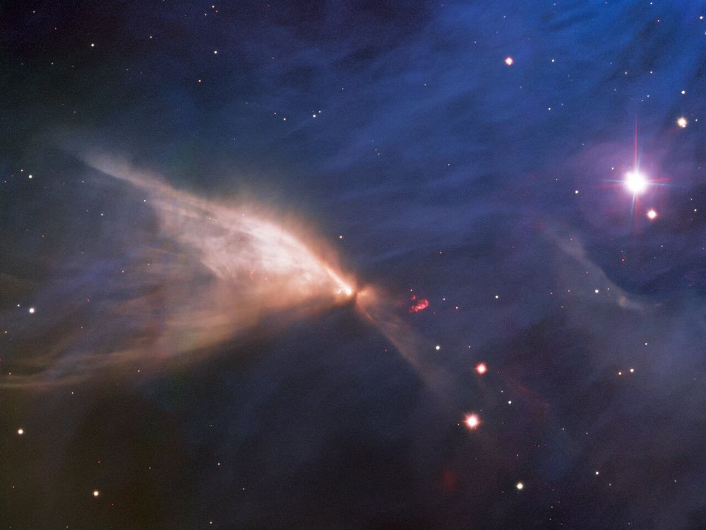 An image of a nebula in space. Towards the left of the photo is a butterfly winged shaped cloud of gas.