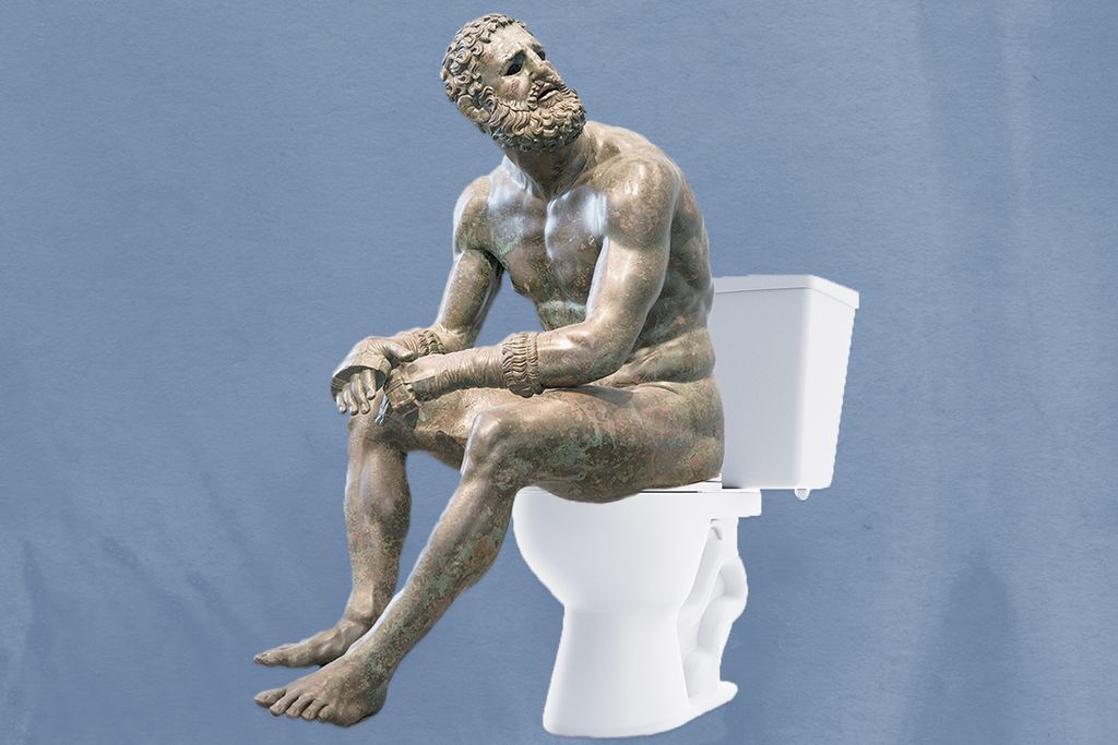 Photo illustration of a sculpted Roman boxer seated on a modern toilet