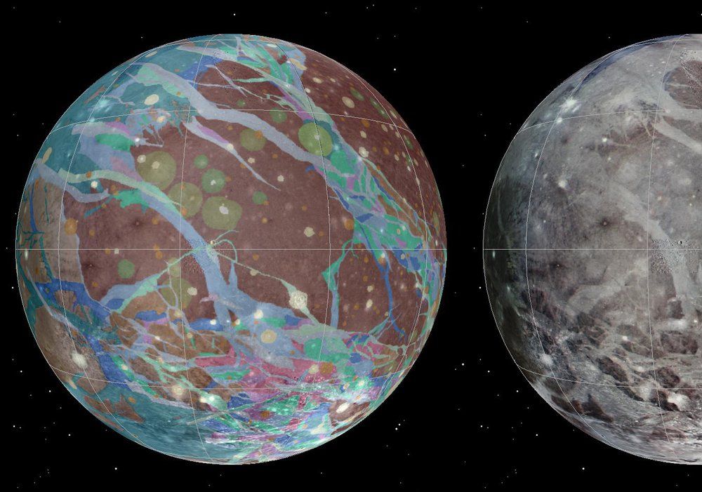 An image of Jupiter's largest moon, Ganymede. The images are geologic maps of the moon taken by NASA's Voyager 1 and 2 spacecraft and NASA's Galileo spacecraft. 