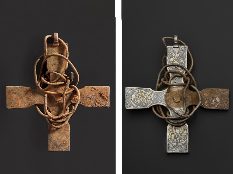Left, a square cross wrapped in what looks like metal wire; totally encrusted with reddish brown dirt; right, 3 of four arms of the cross have been cleaned, to reveal intricate engravings underneath