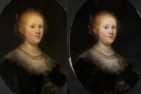 Rembrandt's Portrait of a Woman before (left) and after (right) conservation