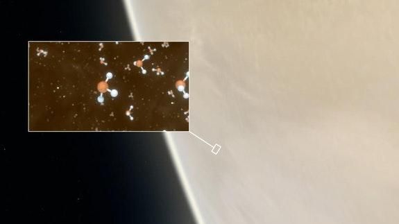 The curve of Venus, a pale yellow color, with an inset showing an artist's rendition of phosphine molecules, one orange phosphorous surrounded by three white hydrogen atoms