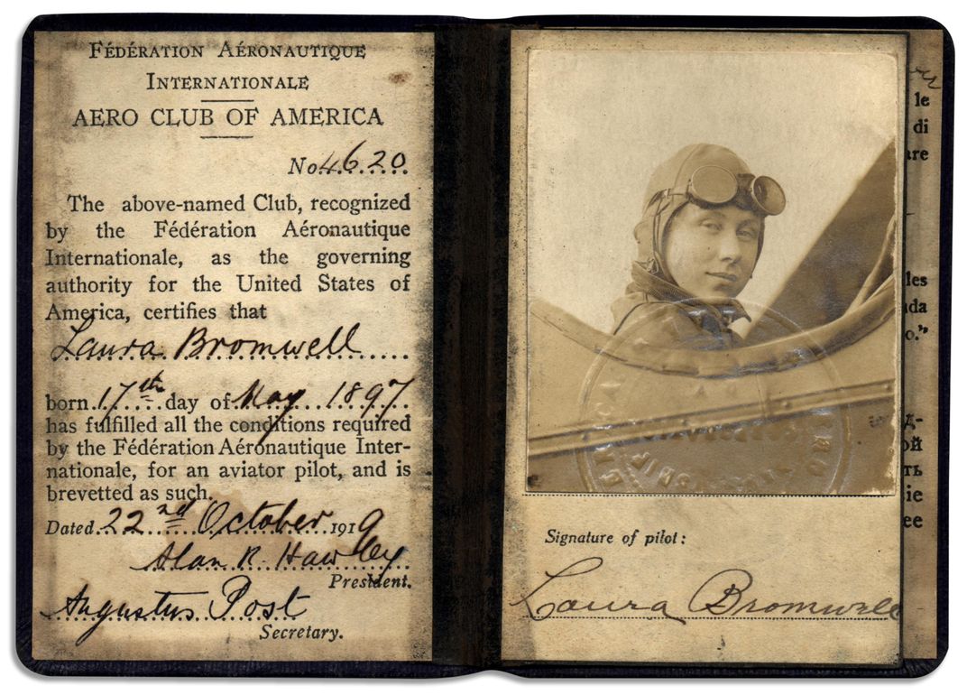 Laura Bromwell and her aviator's certificate