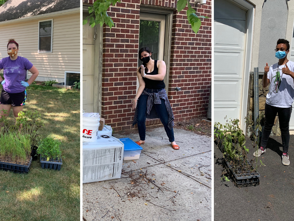 Rachael Brenneman (left), Julia Smith (center), and Skye Austin (right) pose with supplies for their remote research projects. Photo: Amy Hruska