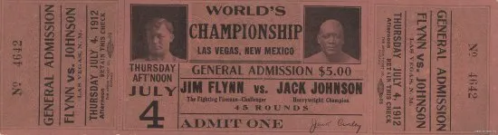 A faded red ticket for a world championship boxing match. There are small pictures of the boxers faces and black text with various information on it.