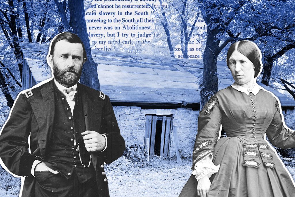 Illustration of Ulysses and Julia Grant in front of the slave quarters at White Haven
