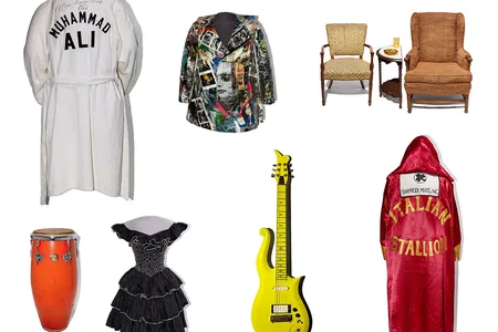 More than 200 artifacts are featured in the new exhibition, &quot;Entertainment Nation,&quot; including clockwise from top left: Muhammad Ali&#39;s warm-up robe; the angel&#39;s jacket from the Broadway production Rent,;&nbsp;chairs from the set of TV&#39;s &quot;All in the Family; a costume worn by Sylvestor Stallone in the film Rocky;&nbsp;Prince&#39;s &quot;Cloud&quot; guitar; a dress worn by performer Gloria Estefan and a conga drum used by musician Emilio Estefan from the Miami Sound Machine.