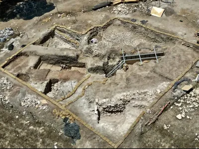 An aerial view of the dig site at Tel Shimron