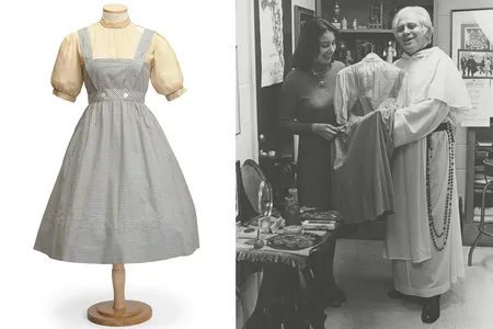 Left: Photo of the dress from a Bonhams auction listing. Right: Father Gilbert Hartke with the gifted garment