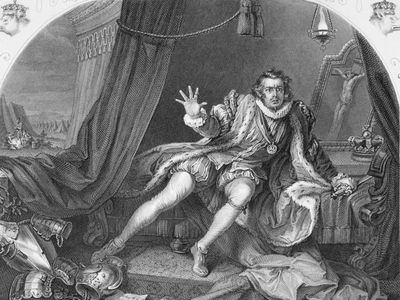 An engraving of "Mr. Garrick" as Richard III in a production of Shakespeare’s play