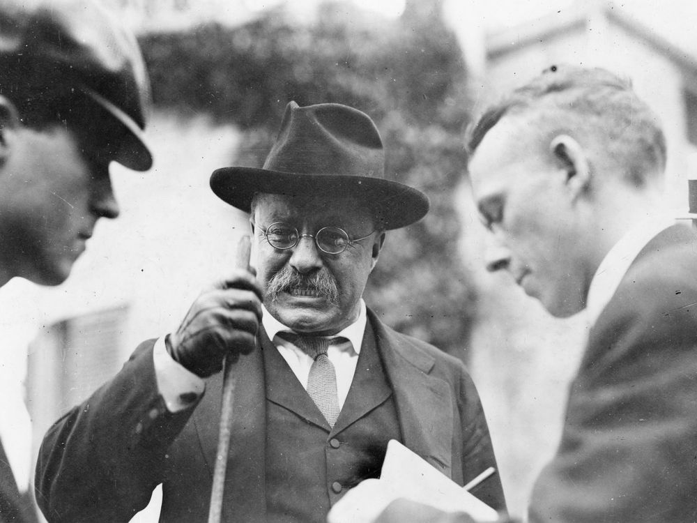 Theodore Roosevelt talking to the press.