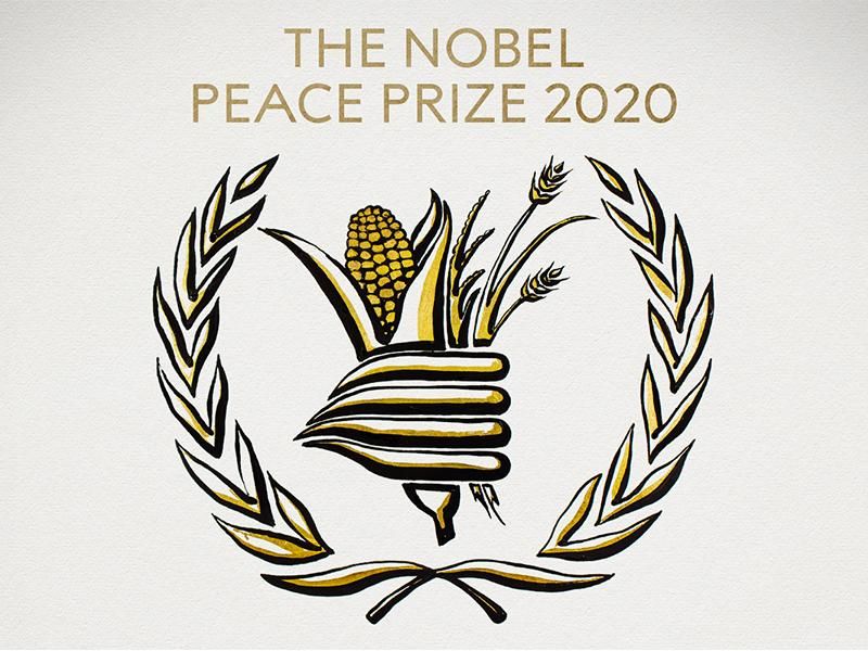 An black and white illustration of a gathering of food-- corn, wheat, surrounded by laurels-- with the text THE NOBEL PEACE PRIZE 2020, with gold accents