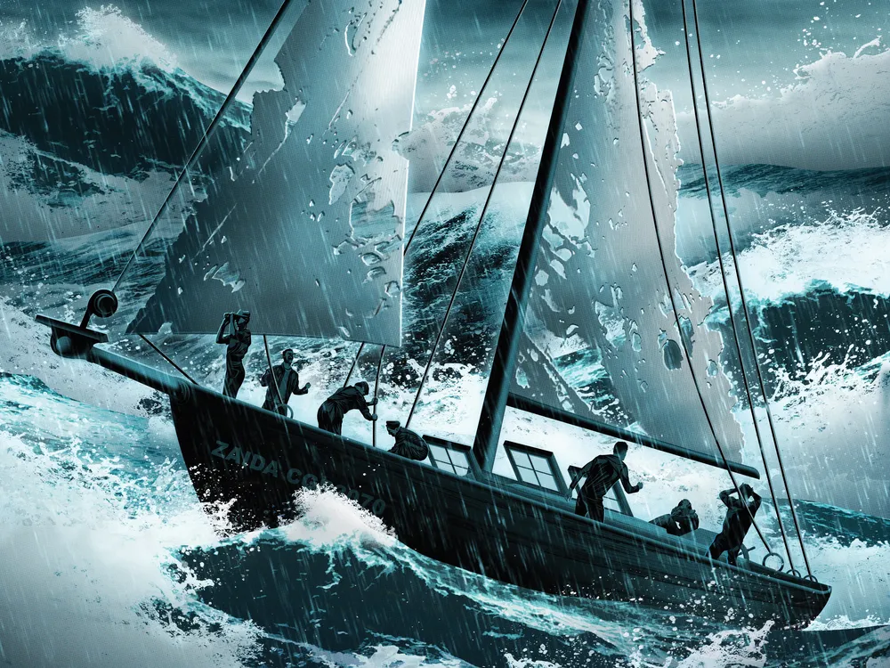 an illustration of a sailboat in a storm at sea