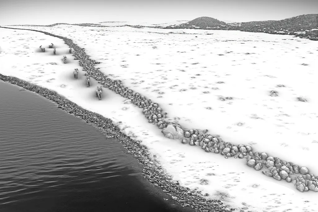 an illustration of deer walking along a short stone wall in a flat, snowy landscape beside a lake