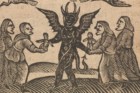 An illustration from the 1720 text&nbsp;The History of Witches and Wizards, featuring witches offering wax dolls to the devil as part of a ritual