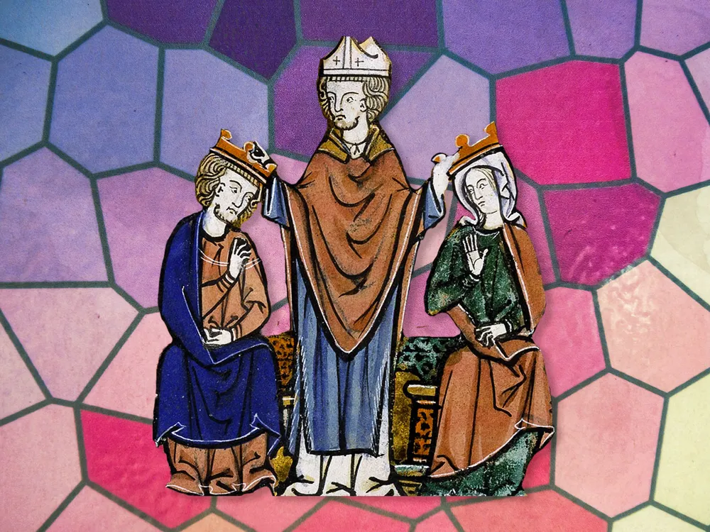 Illustration of the coronation of Melisende and Fulk against a stained glass background