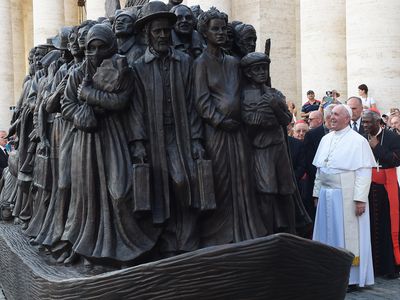 Pope Francis attends the unveiling of "Angels Unaware" by Canadian sculptor Timothy P. Schmalz.