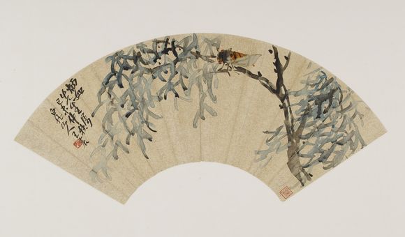 Cicada on tree branch; Wang Zhen (1867–1938); China, modern period, autumn 1919; fan mounted as album leaf; ink on gold-flecked paper (Freer Gallery of Art, Smithsonian Institution, Washington, D.C.: Gift of Robert Hatfield Ellsworth in honor of the 75th Anniversary of the Freer Gallery of Art, F1998.222.2)