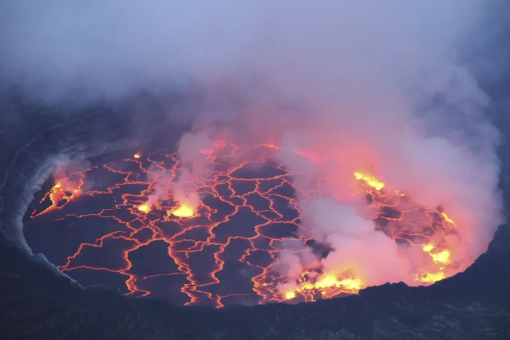 An aerial view of a lava lake atop the Democratic Republic of the Congo's Mount Nyiragongo