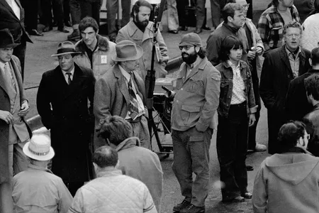 Marlon Brando confers with director Francis Ford Coppola during the filming on Mott Street of a scene for the movie The Godfather.