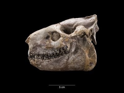 How do parts of ancient creatures, like this fossil skull of an extinct herbivore, Miniochoerus from 33 million years ago, manage to survive and end up in a museum exhibition?