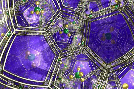 An artist’s rendering of methane hydrate’s small-scale structure, with a methane molecule in green and gold trapped within a blue and silver cage of water.