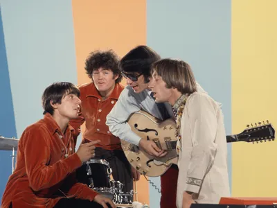 Davy Jones, Micky Dolenz, Peter Tork and Mike Nesmith on the set of the television show &ldquo;The Monkees&rdquo; in 1967