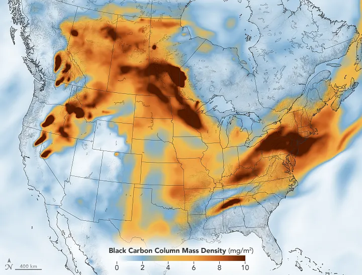 A map showing how particulates from wildfires in Canada and the Western U.S. has spread to the East Coast