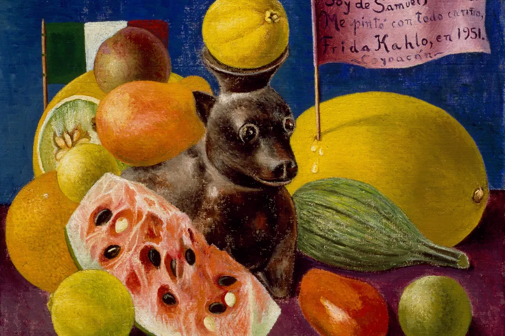 A still life with a small dog-shaped vessel in the center, holding a yellow fruit on its head; surrounded by watermelon cut open, other colorful fruits, a blue background and a flag with a phrase Soy de Samuel Fastlicht