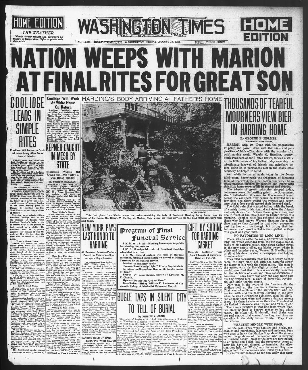 An August 10, 1923, newspaper article about Warren G. Harding's hometown funeral