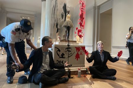 Climate activists with the group Declare Emergency spread paint on the plexiglass case of&nbsp;Edgar Degas'&nbsp;Little Dancer, a sculpture on display at the National Gallery of Art in Washington, D.C.
