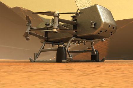 An artist’s conception of Dragonfly on the surface of Titan. The real article will not launch until 2026, and arrives at Titan’s Shangri-La dune sea eight years later, in 2034.