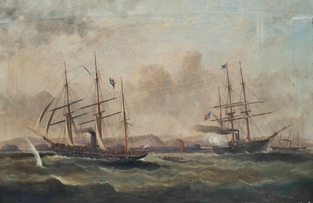 A painting of the engagement between the CSS Alabama and the USS Kearsage ​​​​​​​on June 19, 1864