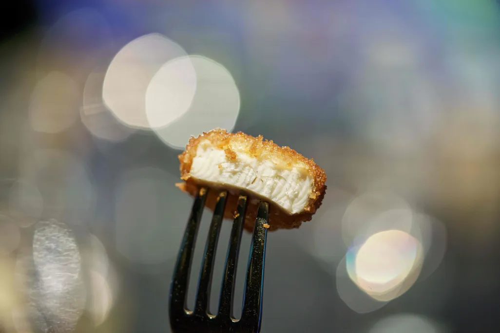 A chicken nugget made from cell-cultivated meat sits on a fork